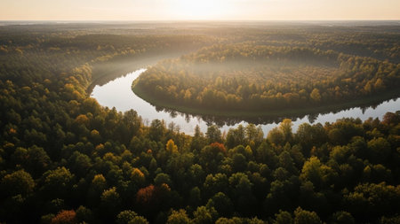 An aerial perspective reveals a winding river gracefully meandering through a dense forest during the peak of autumn. The trees are adorned with vibrant leaves in shades of golden yellow, orange, and red, creating a tapestry of color. A gentle mist or haze hangs in the air, catching the warm rays of the rising sun, which cast ethereal sunbeams through the canopy. The river's surface reflects the warm hues of the foliage and the soft morning light, creating a scene of profound serenity and...の素材