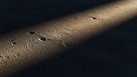 A tightly cropped view of a textured surface, possibly dirt or rough concrete, is dramatically illuminated by a sharp, diagonal beam of sunlight. The light casts a strong contrast, highlighting the granular details and small imperfections of the ground while leaving large areas in deep shadow. The composition is minimalist, focusing on the interplay of light and shadow and the tactile of the surface.の素材