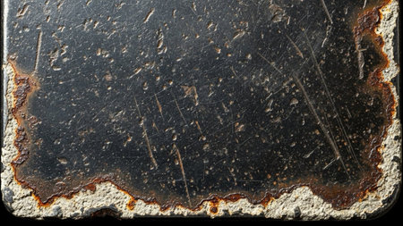 A detailed macro shot of a heavily rusted metal surface. The rust forms an irregular, textured border along the edge, revealing underlying concrete or stone. The metal itself is dark, scratched, and pitted, showing signs of significant wear and age. This abstract focuses on the textures and imperfections of decaying industrialの素材