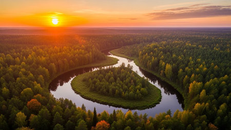 An aerial perspective reveals a serpentine river gracefully winding its way through a dense, verdant forest. The warm, golden light of the setting sun casts a magical glow over the scene, highlighting the rich greens of the trees and the subtle hints of autumn colors. A small, tree-covered island sits in the middle of the river, adding to the picturesque beauty of this tranquil natural landscape.の素材
