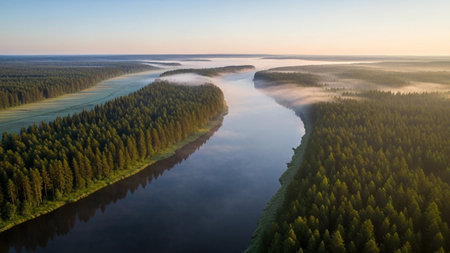 An aerial perspective reveals a winding river gracefully flowing through a dense, vibrant green pine forest. The early morning sun casts soft golden light, illuminating the trees and creating a gentle mist that hovers over the water's surface. The river's calm waters reflect the surrounding evergreen canopy, adding depth and tranquility to the scene. This untouched wilderness appears vast and serene, with the light and shadow playing across the landscape. The overall atmosphere is peaceful...の素材
