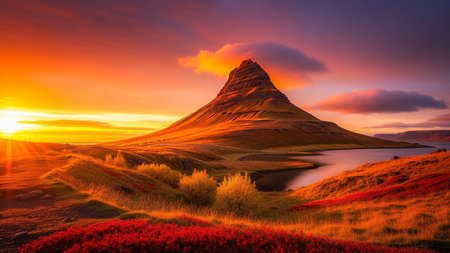 A dramatic sunset paints the sky with intense shades of orange, yellow, and red over a unique conical mountain. The mountain's distinctive shape is highlighted by the warm, low-angled sunlight. The surrounding landscape is a tapestry of vibrant colors, with rolling hills covered in golden grasses and patches of bright red flowers. A calm body of water reflects the fiery sky and the mountain, adding to the ethereal beauty of the scene. The overall impression is one of raw, natural splendor...の素材