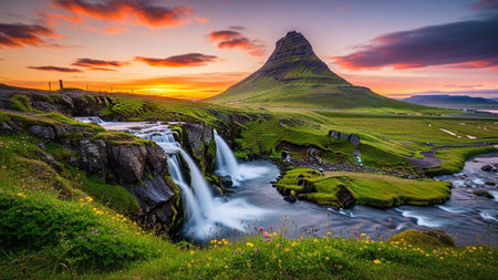 A sunset paints the sky with vibrant hues of orange, yellow, and pink over the iconic conical mountain of Kirkjufell in Iceland. Cascading waterfalls tumble down moss-covered rocks into a flowing river, surrounded by lush green grass and wild flowers. The dramatic interplay of light and shadow on the landscape creates a and serene scene, showcasing the raw, natural beauty of Iceland.の素材