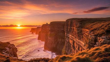 A sunset illuminates the rugged Cliffs of Moher, casting a warm golden glow across the vast ocean. The dramatic cliffs, carved by the relentless sea, stand tall against the vibrant sky painted with hues of orange, yellow, and purple. Waves crash against the rocky shore, creating a dynamic contrast with the serene expanse of the water. The scene is a testament to the raw, untamed beauty of nature.の素材
