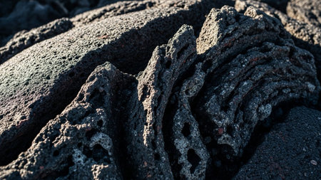 A detailed macro showcases the intricate texture of dark volcanic rock. The surface is rough and porous, with numerous holes and cavities creating an abstract pattern. Sharp, jagged edges are visible, highlighting the geological formation's rugged nature. The lighting emphasizes the dark tones and the complex, weathered structure of theの素材