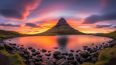 A dramatic and colorful sunset paints the sky with vibrant hues of orange, pink, red, and purple. A striking conical mountain stands prominently, its reflection mirrored in the still, calm waters of a lake. The shore is lined with numerous rocks and pebbles, with patches of grass. The scene is one of natural beauty, evoking a sense of peace, tranquility, and the magical of twilight in a wild, open landscape.の素材