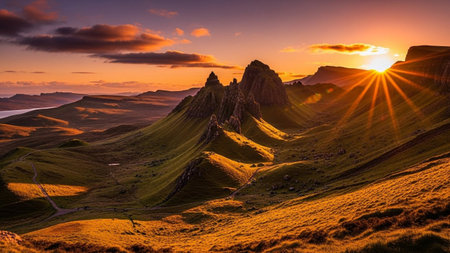 A sunset paints the sky in vibrant hues of orange, purple, and yellow over the rugged Scottish Highlands. Rolling green hills and sharp, dramatic peaks are bathed in the warm, golden light of the setting sun, casting long shadows across the valleys. The sun's rays burst forth, creating a sunburst effect against the textured clouds. This epic landscape evokes a sense of peace, tranquility, and the raw beauty of nature.の素材