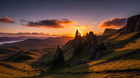 A sunset paints the sky in vibrant hues of orange, purple, and pink over the rugged Scottish Highlands. Jagged rock formations pierce the landscape, catching the last rays of golden light. Rolling green hills and moss-covered slopes are cast in dramatic shadows, creating a sense of depth and majesty. The scene evokes a feeling of serene tranquility and the raw beauty of the wilderness.の素材