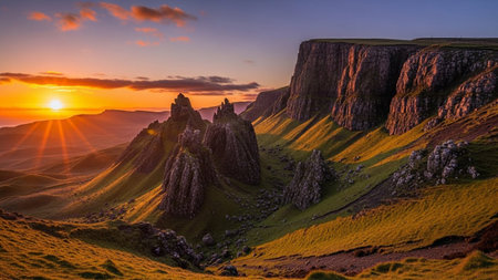 A view of the Scottish Highlands at sunset. The golden sun casts long shadows across the undulating green hills and highlights the dramatic, jagged rock formations that pierce the sky. The sky is a vibrant canvas of orange and pink hues, with wispy clouds catching the last rays of light. The scene evokes a sense of wild, untamed beauty and peaceful solitude.の素材