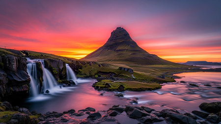 A sunset paints the sky in dramatic hues of orange, pink, and purple over the iconic Kirkjufell mountain in Iceland. A powerful waterfall cascades down rocky cliffs to the left, its water blurred by a long exposure, creating a silky effect. The river in the foreground reflects the vibrant colors of the sky. Jagged rocks and dark stones dot the landscape, adding texture and depth. This scene captures the raw, wild beauty of Iceland's natural wonders.の素材