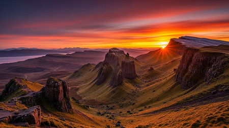 A sunset paints the sky with vibrant hues of orange, red, and yellow over a dramatic mountainous landscape. Rugged peaks and rolling green hills are bathed in the warm glow of the setting sun, with rays of light piercing through the clouds. Mist settles in the valleys, adding depth and atmosphere to the scene. The foreground rocky outcrops and grassy slopes, leading the eye towards the vast, epic horizon. captures the wild and serene beauty of the Scottish Highlands at dawn or dusk.の素材