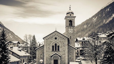 A sepia-toned captures a historic stone church with a prominent bell tower at its center. The church is surrounded by a charming alpine village blanketed in snow. Houses with snow-covered rooftops are visible, nestled amongst evergreen trees. snow-capped mountains rise in the background under a cloudy sky, creating a serene and peaceful winter landscape. The architecture is traditional and enduring, evoking a sense of history and timeless beauty in this remote European settlement.の素材