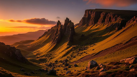 The captures a mountain landscape bathed in the warm, golden light of either sunrise or sunset. Jagged, dramatic peaks rise from rolling green hills, casting long shadows across the terrain. Scattered rocks and stones dot the grassy slopes and the valley floor. The sky is painted with hues of orange and yellow, with a few wispy clouds adding texture. The overall mood is serene, peaceful, and highlighting the rugged beauty of a wild, remote wilderness.の素材