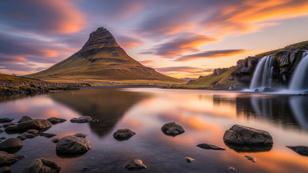 The iconic Kirkjufell mountain stands majestically in Iceland, its distinctive shape reflected in the calm waters of a nearby lake. A waterfall cascades down a rocky cliff to the right, its water appearing smooth and ethereal due to a long exposure. The sky is ablaze with vibrant colors of sunset, with streaks of orange, pink, and yellow painting the clouds. Scattered rocks dot the foreground of the water, adding texture to the serene and picturesque landscape.の素材