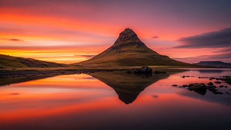 The iconic conical mountain, Kirkjufell, stands majestically, its reflection captured in the still, glassy surface of a lake. The sky above is ablaze with the vibrant colors of a dramatic sunset, transitioning from fiery orange to soft pink. The surrounding landscape rolling hills and a rocky shore, all bathed in the warm, ethereal light of dusk. This scene evokes a profound sense of peace and natural grandeur.の素材