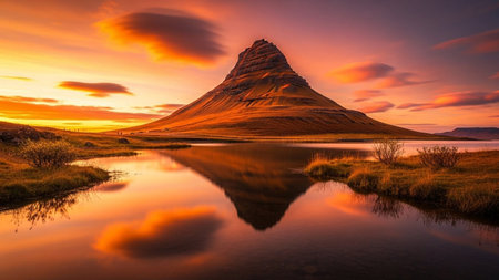 The iconic, conical shape of Kirkjufell mountain stands majestically, its form perfectly reflected in the calm, still water of a nearby lake. The scene is bathed in the warm, vibrant light of a dramatic sunset. The sky is ablaze with fiery oranges, yellows, and reds, with scattered clouds adding texture and depth. The surrounding landscape is a mix of dry grass and sparse bushes. The reflection in the water doubles the visual impact, creating a symmetrical and natural spectacle.の素材