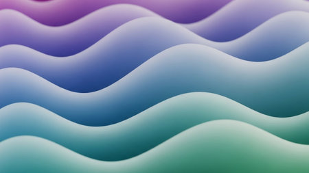 Smooth, flowing abstract waves with a soft gradient transitioning from purple to blue and green, creating a serene...の素材