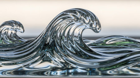 Stylized ocean waves sculpted from a highly reflective, metallic showcase swirling patterns and a glossy,...の素材