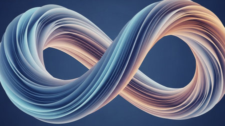 An abstract infinity symbol is formed by smooth, layered ribbons in swirling shades of blue and orange.の素材