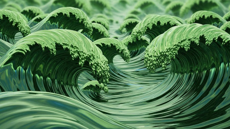 Numerous abstract green waves with foamy crests and reflective surfaces create a dynamic, swirling water pattern.の素材
