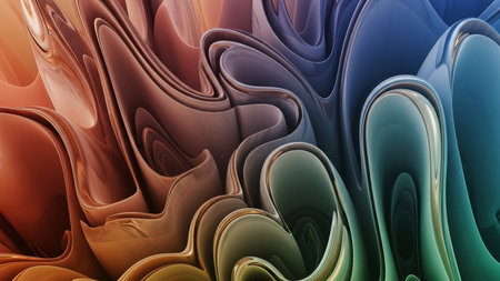Abstract fluid shapes with smooth, undulating surfaces in a metallic gradient from warm orange to cool blue.の素材