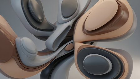 Smooth, layered abstract forms in beige and grey create a flowing, organic sculpture with soft, rounded edges and...の素材