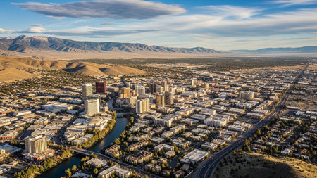 An aerial perspective reveals a sprawling city situated in a valley, with a winding river flowing through its heart. Tall buildings and skyscrapers form the urban core, surrounded by a vast expanse of residential and development. In the distance, arid mountains rise against a backdrop of a clear blue sky with scattered clouds, showcasing the city's integration with its natural environment.の素材
