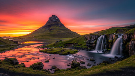 A sunset paints the sky with intense hues of orange, pink, and purple over a dramatic conical mountain. A multi-tiered waterfall cascades down a rocky cliff face into a flowing river that meanders through a landscape of green, moss-covered grass and rocks. The water's surface reflects the vibrant colors of the sky, creating a mirror-like effect. The rugged beauty of the mountain and the serene flow of the water combine to create a scene of natural splendor and tranquility.の素材