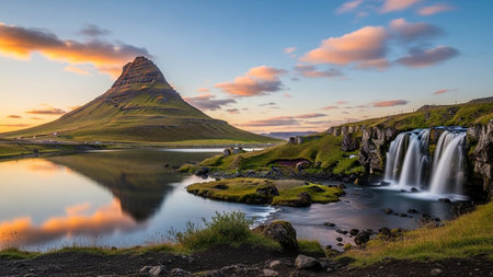 The iconic Kirkjufell mountain, with its distinctive conical shape, stands majestically in Iceland. A waterfall cascades down a rocky cliff face to its right, its water flowing into a calm lake. The mountain and surrounding landscape are covered in lush green grass and moss. The sky above is painted with the warm colors of sunset or sunrise, casting a golden glow and creating a reflection in the still water.の素材