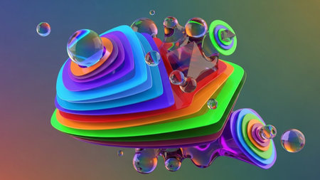 Rendering showing abstract 3d rendering of colorful layered shapes and floating spheres with iridescent reflections...の素材