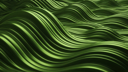 Green showing abstract wavy landscape of green metallic ribbons with reflective surface. resolutionの素材