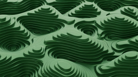 A 3D rendering of abstract green topographic contour lines creating a layered organic landscape with smooth,...の素材