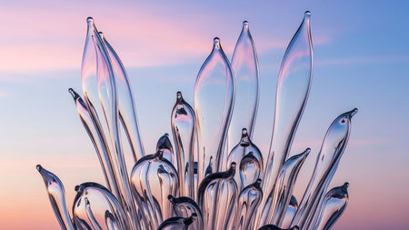 Clear glass forms resembling petals rise against a soft pastel sky with subtle color gradients.の素材