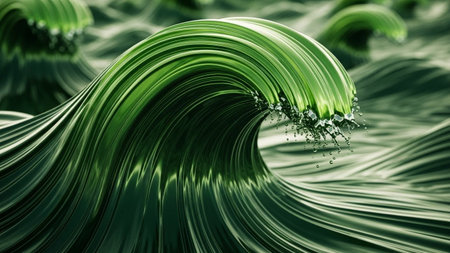Green showing close-up of a lush green wave crashing with water droplets and reflective surface texture.の素材