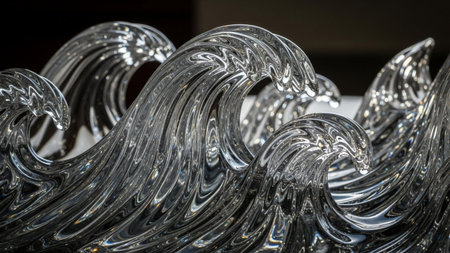 A detailed close-up of a clear glass sculpture depicting dynamic ocean waves with intricate textures and light...の素材
