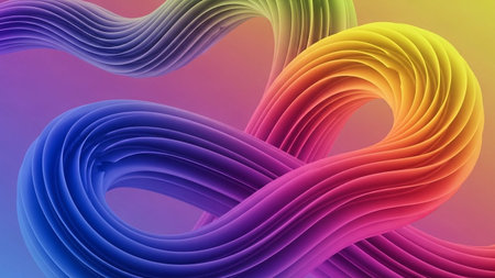 Stripes showing colorful abstract swirling ribbon formed by gradient stripes flowing smoothly on a soft gradient...の素材