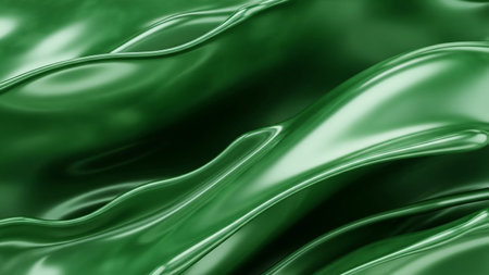 Abstract flowing waves of deep emerald green liquid with a smooth glossy surface and subtle light reflections.の素材