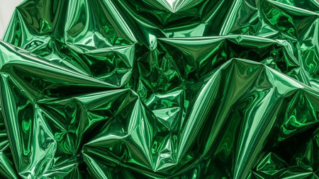 Green showing crinkled metallic green foil texture with sharp folds and reflective surfaces. resolutionの素材