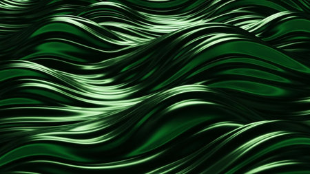 A deep emerald green metallic liquid surface smooth, undulating waves with shiny reflections and highlights.の素材