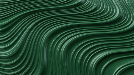 Deep emerald green wavy lines flow smoothly, creating an abstract background with subtle light reflections and a...の素材