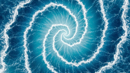 Bright showing deep blue ocean water forming a bright white swirling vortex spiral pattern with light radiating from...の素材