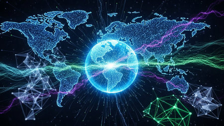Science showing digital map with glowing blue globe and interconnected network lines in purple and green keywords:...の素材