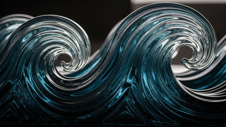 Close-up of sculpted glass waves in deep blue tones, showing reflective light and fluid motion against a dark...の素材