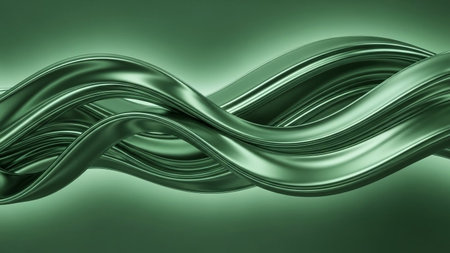 Shapes showing flowing metallic green liquid waves creating abstract organic shapes with smooth reflective surfaces...の素材