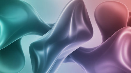 Shapes showing fluid abstract shapes with gradient colors and smooth reflections in a digital render.の素材