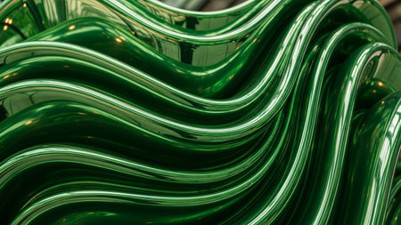Abstract, highly reflective, emerald green metallic sculpture with smooth, flowing, wavy curves and intricate...の素材