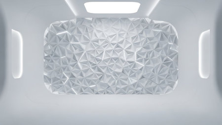 A bright, futuristic white interior space featuring a highly faceted geometric wall illuminated by soft ambient...の素材
