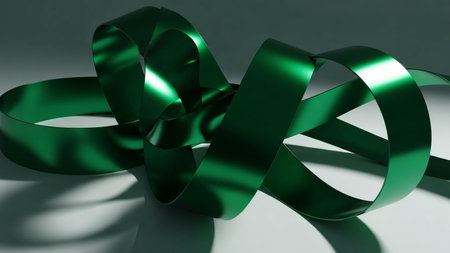 A glossy, emerald green ribbon is intricately twisted into an abstract bow shape, casting soft shadows on a white...の素材