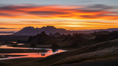 A dramatic sunset paints the sky with vibrant hues of orange, red, and yellow, casting a warm glow over a rugged volcanic landscape. A winding river snakes through the terrain, its surface reflecting the fiery sky and the dark, silhouetted mountain peaks. The ground is textured with moss and earth, creating a moody and atmospheric scene. This remote and wild landscape evokes a sense of awe and the raw power of nature, with its unique geological formations and ethereal twilight colors.の素材