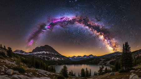 A panoramic view captures the Milky Way galaxy arching across the night sky, displaying vibrant hues of purple, pink, and yellow. Below, a tranquil mountain lake perfectly reflects the celestial spectacle. The surrounding landscape rugged mountains, a dense forest of pine trees, and scattered rocks. The scene is illuminated by the faint glow of twilight on the horizon, creating a magical and awe-inspiring atmosphere. is themes of astronomy, nature, and exploration.の素材